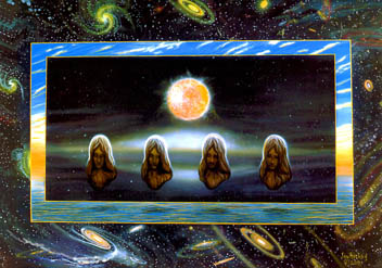 Celestial Spirits meditate in outer space, sun, galaxies, border of water