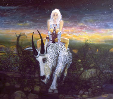 Celtic Woman Rides Moutain Goat over rocks under night sky
