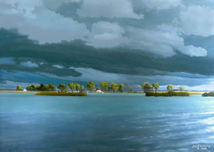 Fast moving storm clouds over steel blue water with waves