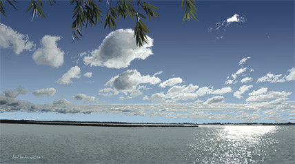 SUNNY MORNING sunlight sparkles on the water leaves sway in front of bright clouds