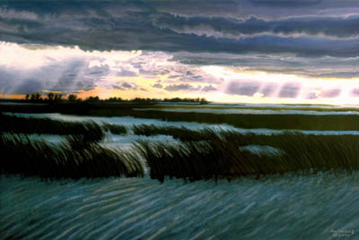 Stormy sky with rays shining on the windswept waters, reeds blowing in the wind