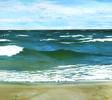 Waves foam clouds sand horizon