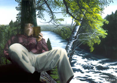 Hiker leans against tree  relaxing with a ceramic mug by the River Taquahmenon