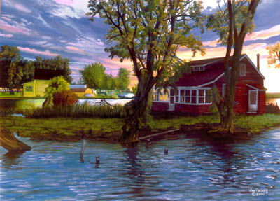 Cottage surrounded by rising lake waters stormy clouds willow trees