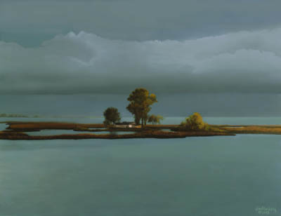 Island marsh trees green gray cloudbank over water with glimmer of sundown